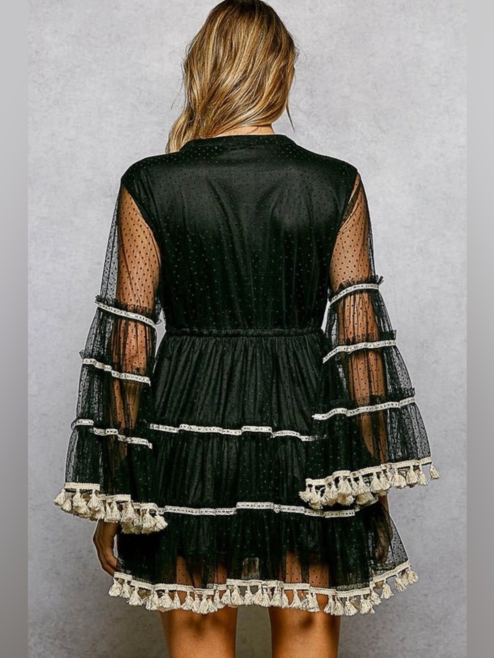 🆕 POL Fringe and Tassel Embroidered Mini Flare Dress-Black NWT SZ LG - Picture 4 of 4